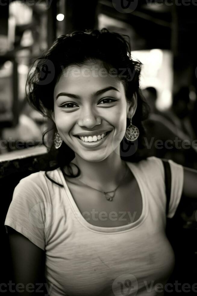 ai généré souriant femme avec frisé cheveux photo