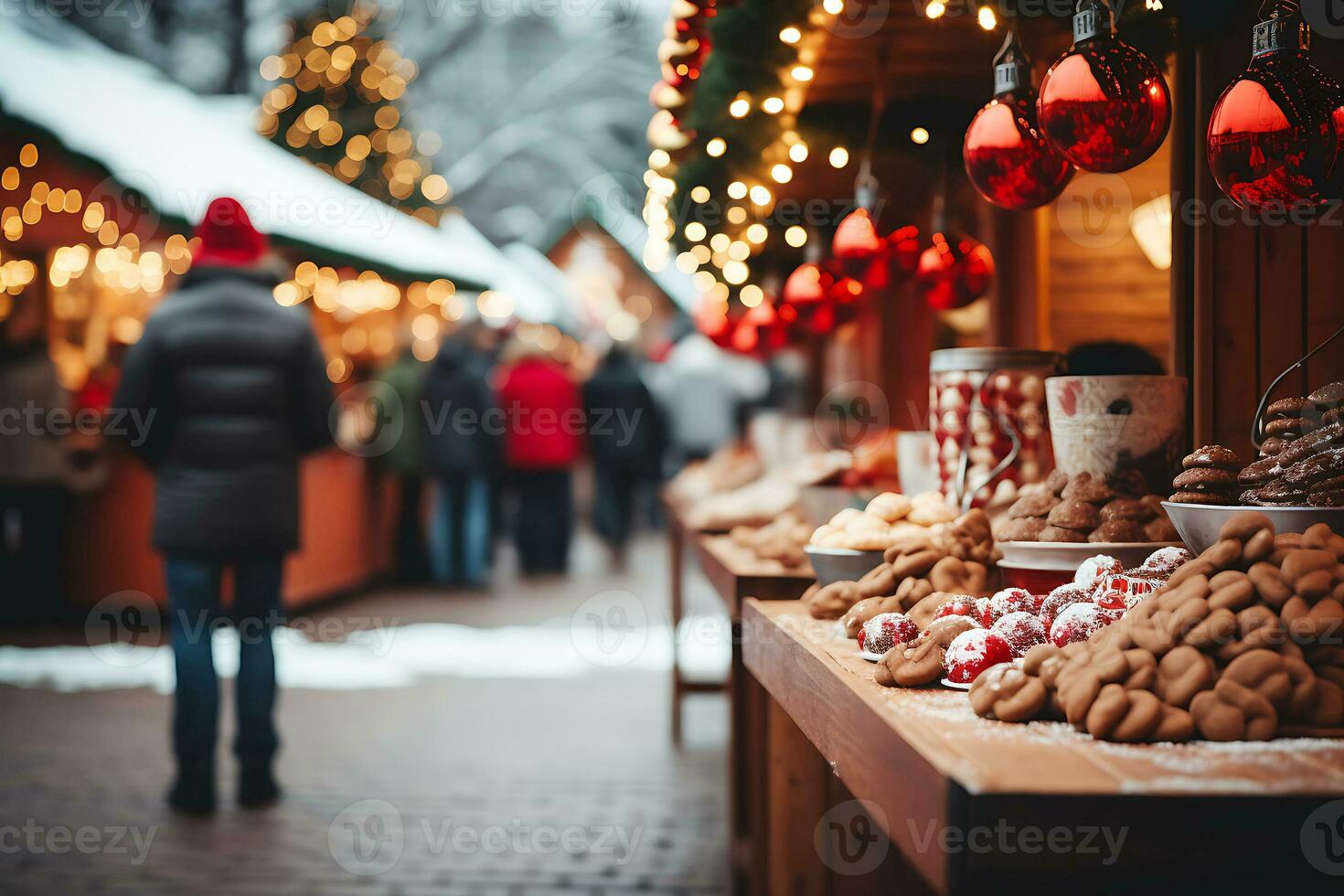 ai généré Noël marché stalles et achats dans le ville centre. Noël achats et Fée ambiance photo