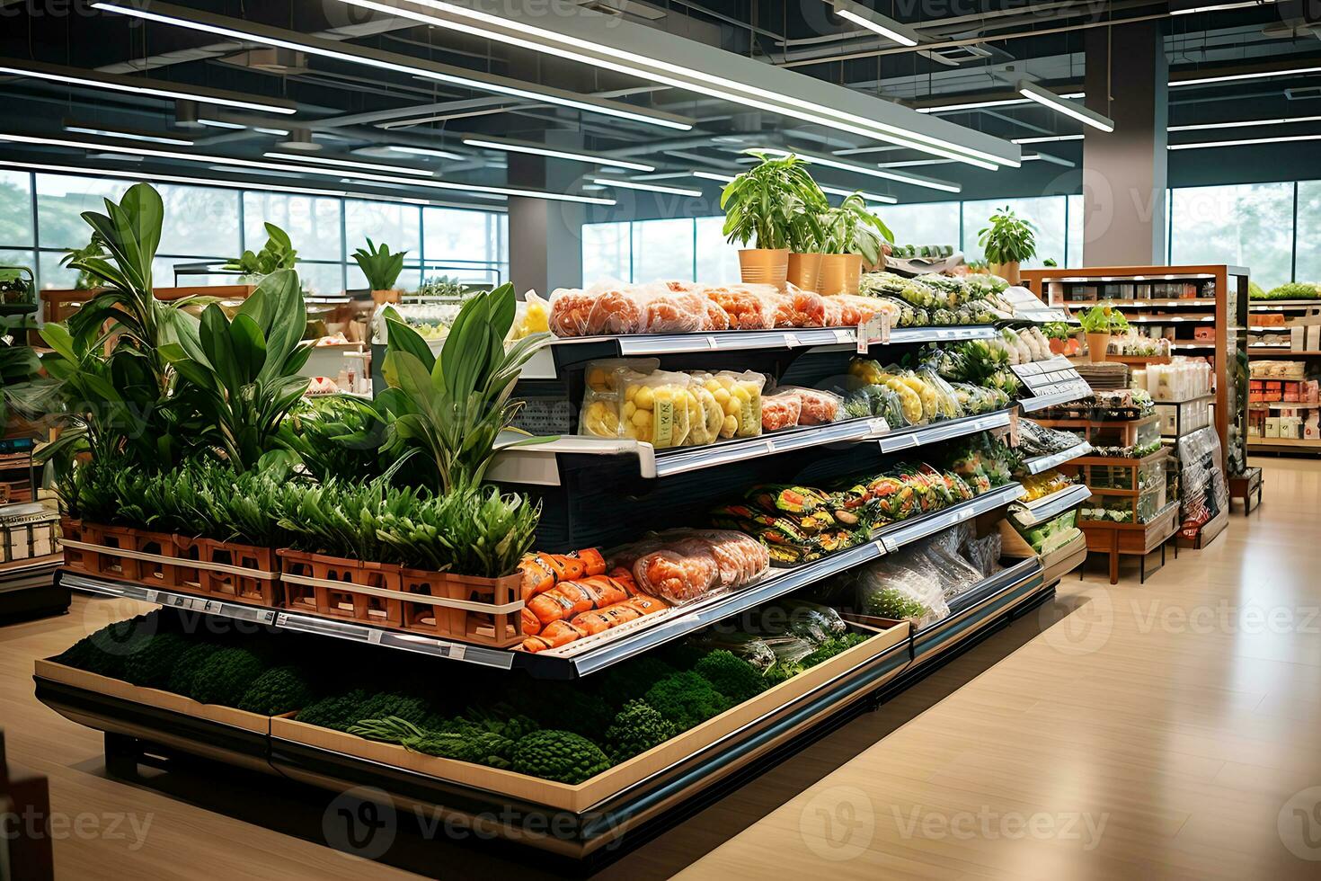 ai généré légume et fruit départements de supermarché , sans pour autant gens photo