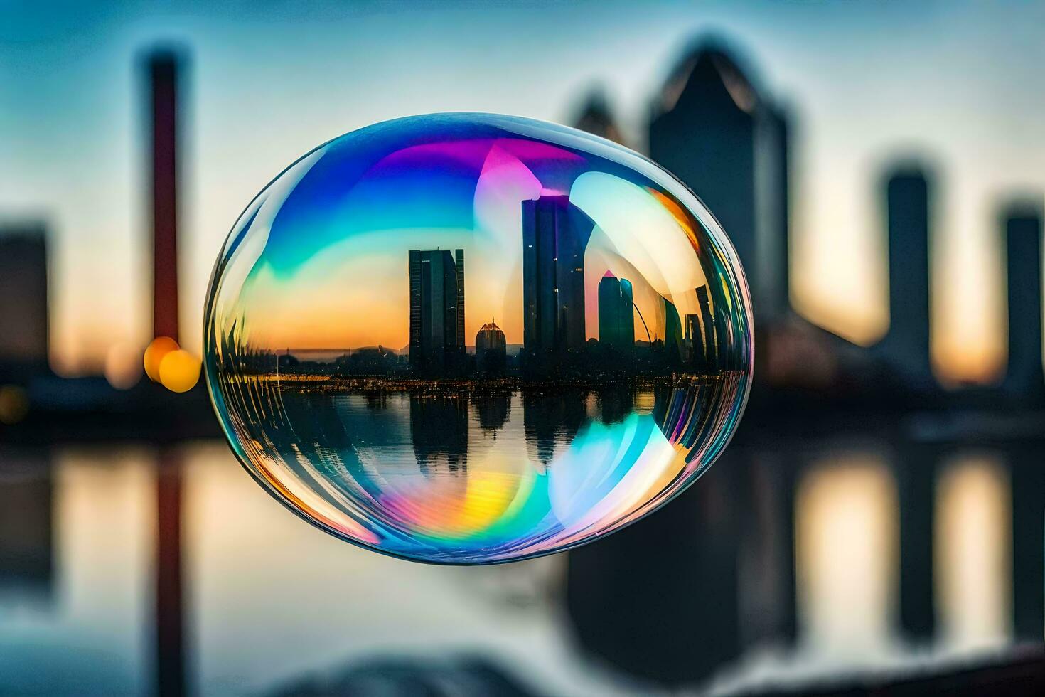 ai généré une bulle avec une ville horizon dans le Contexte photo