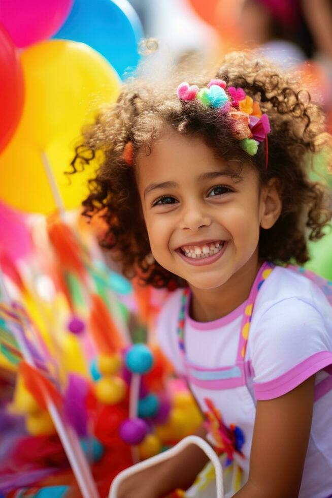 ai généré une Jeune fille en portant une géant sucette et sourire Heureusement photo