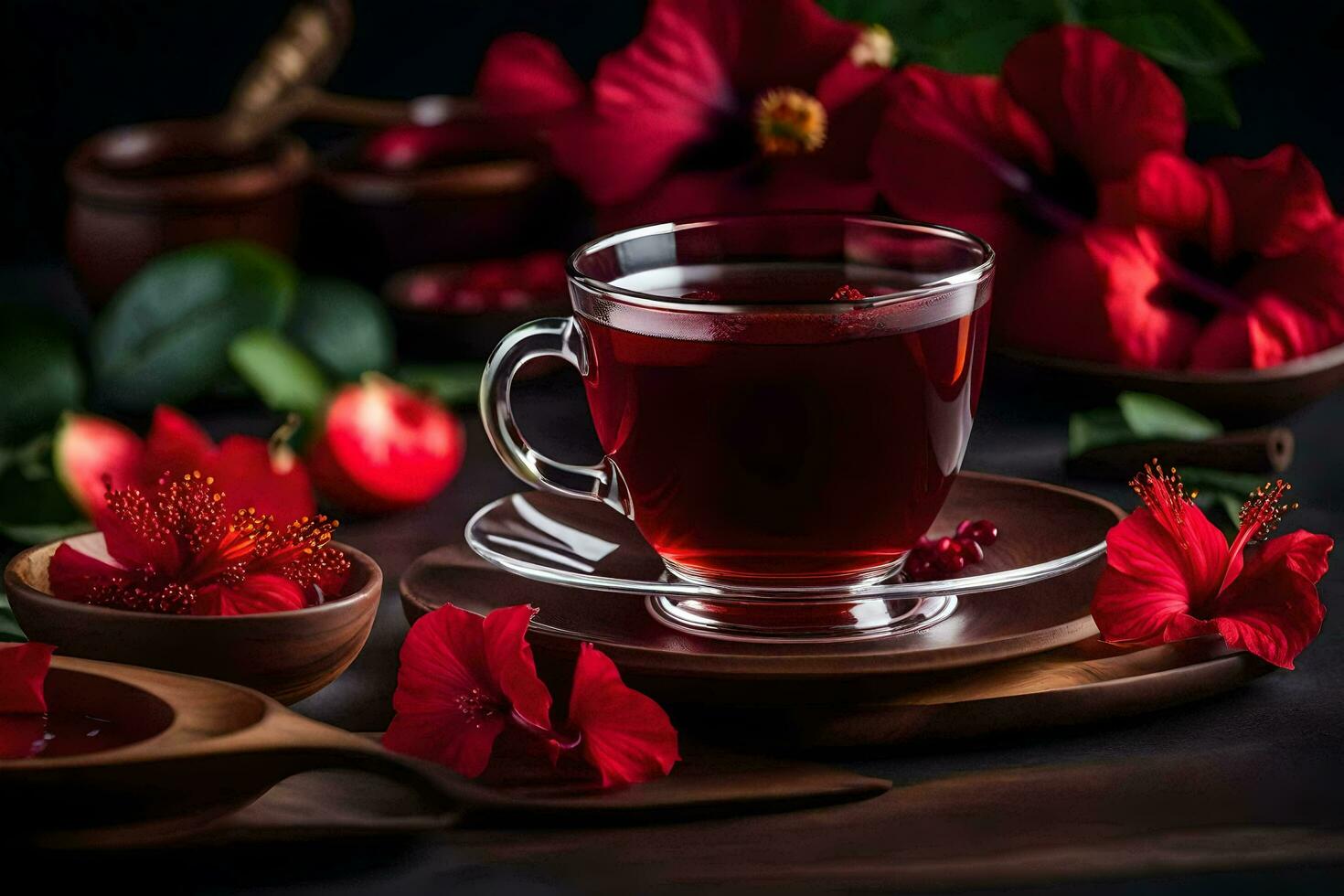 ai généré rouge thé avec hibiscus fleurs sur une foncé Contexte photo