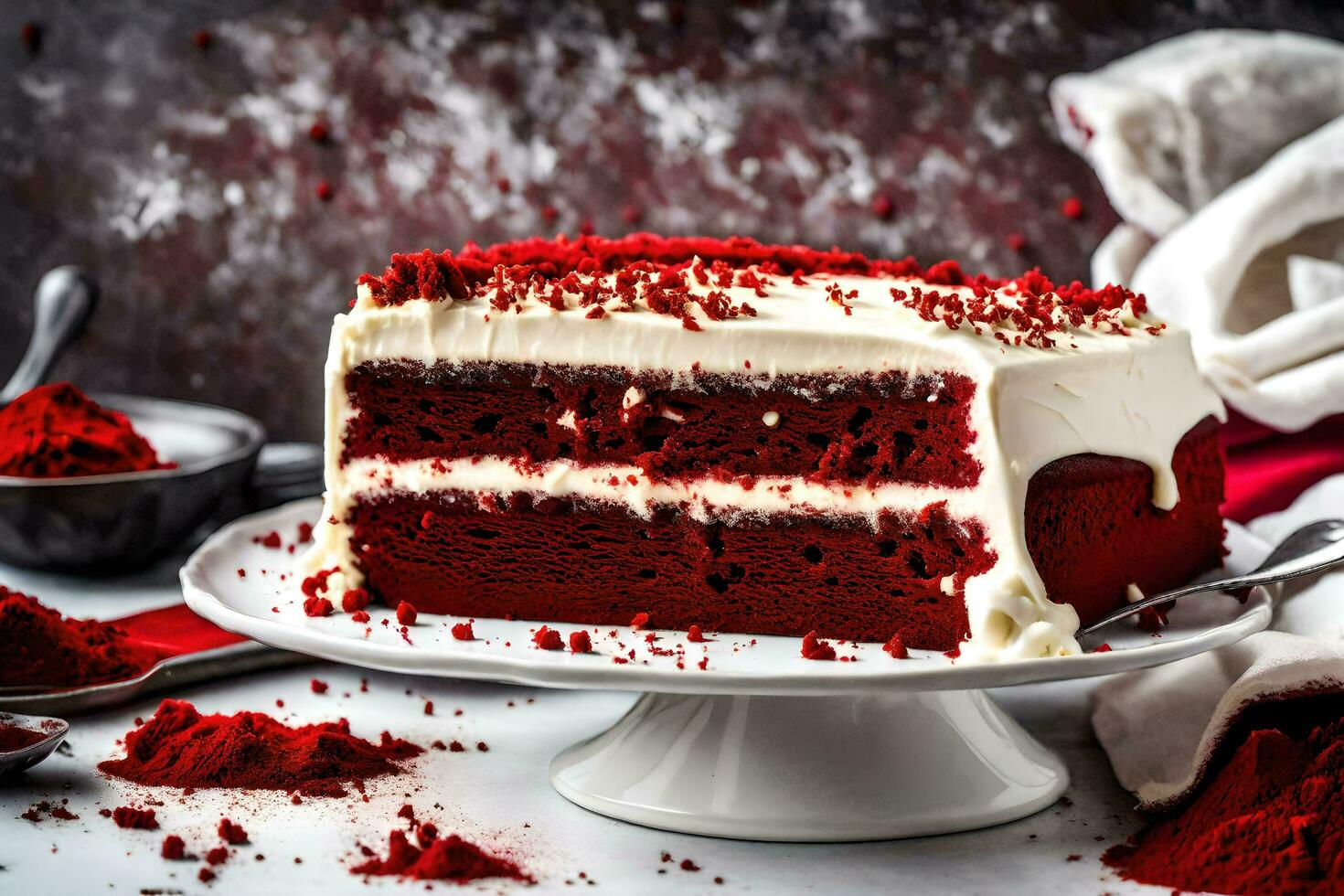 ai généré une pièce de rouge velours gâteau sur une assiette photo