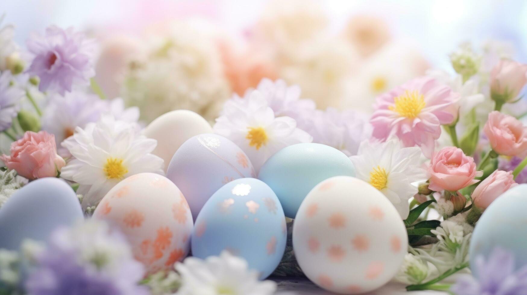 ai généré une magnifique coup de couleur pastel Pâques des œufs arrangé sur une lit de fleurs, photo