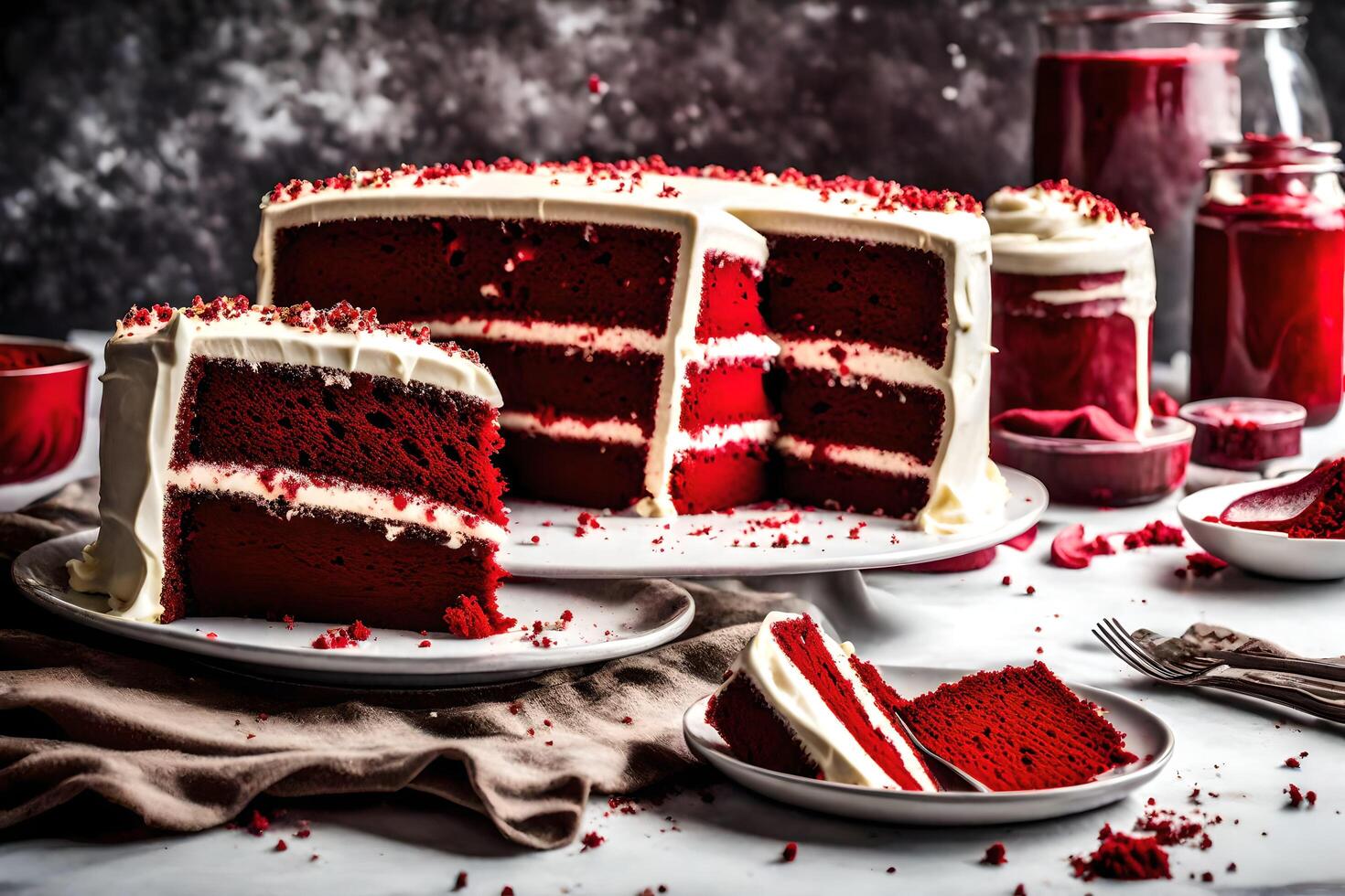 ai généré une tranche de rouge velours gâteau sur une assiette photo