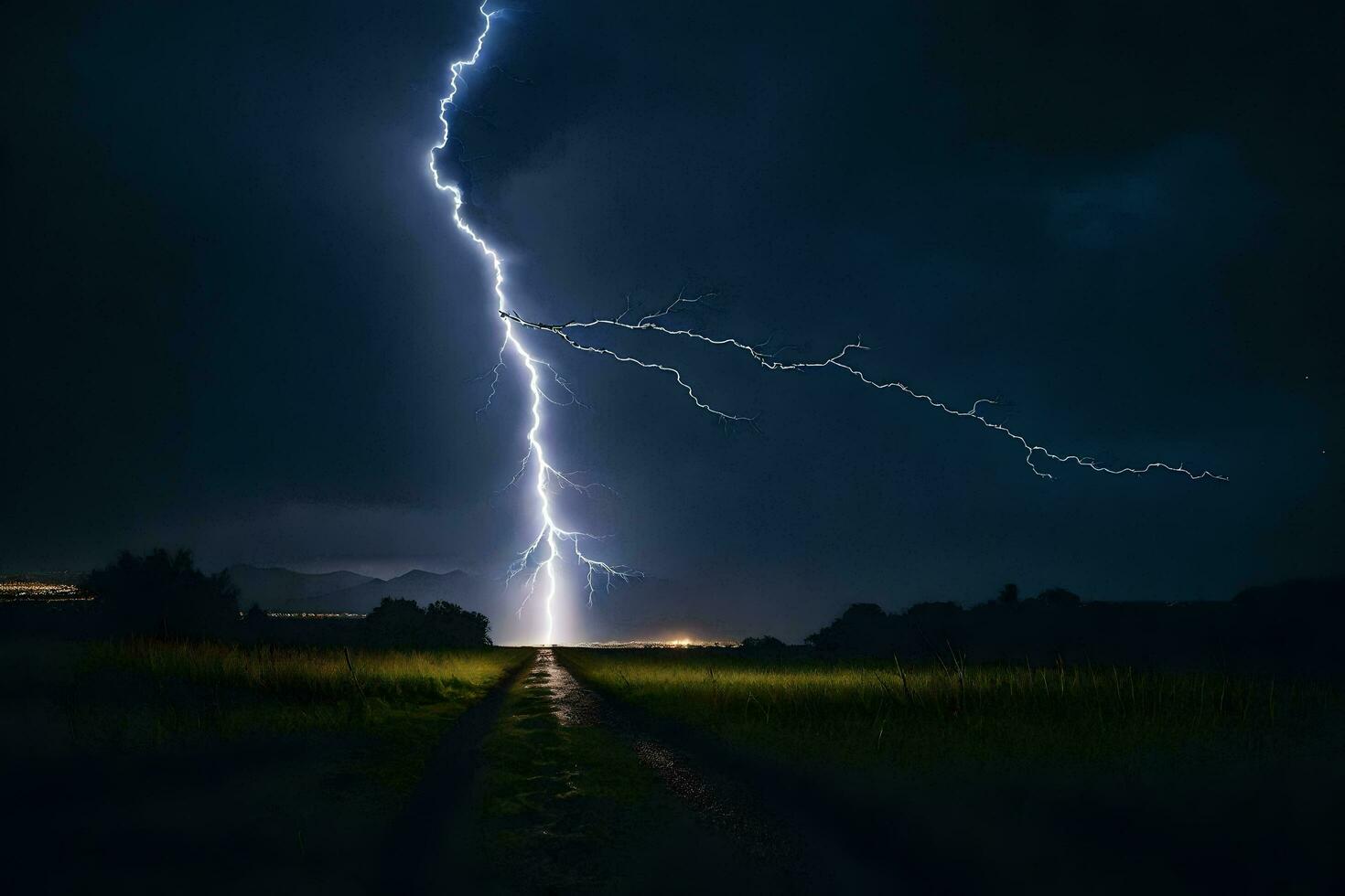 ai généré une foudre boulon est vu dans le ciel plus de une champ photo