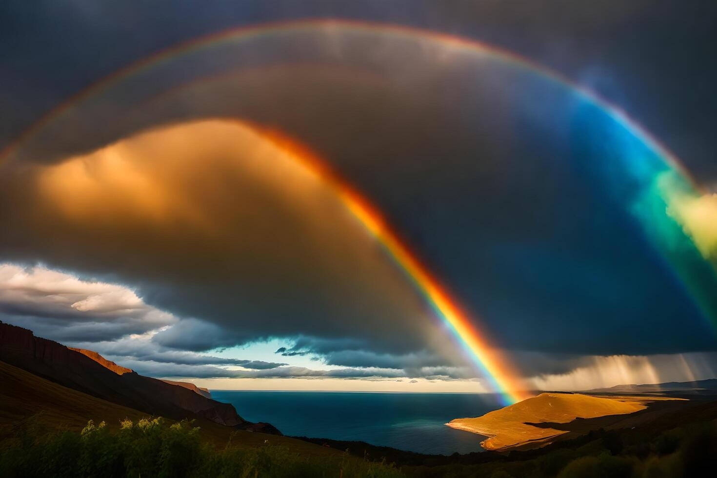 ai généré une arc en ciel est vu plus de le océan et montagnes photo