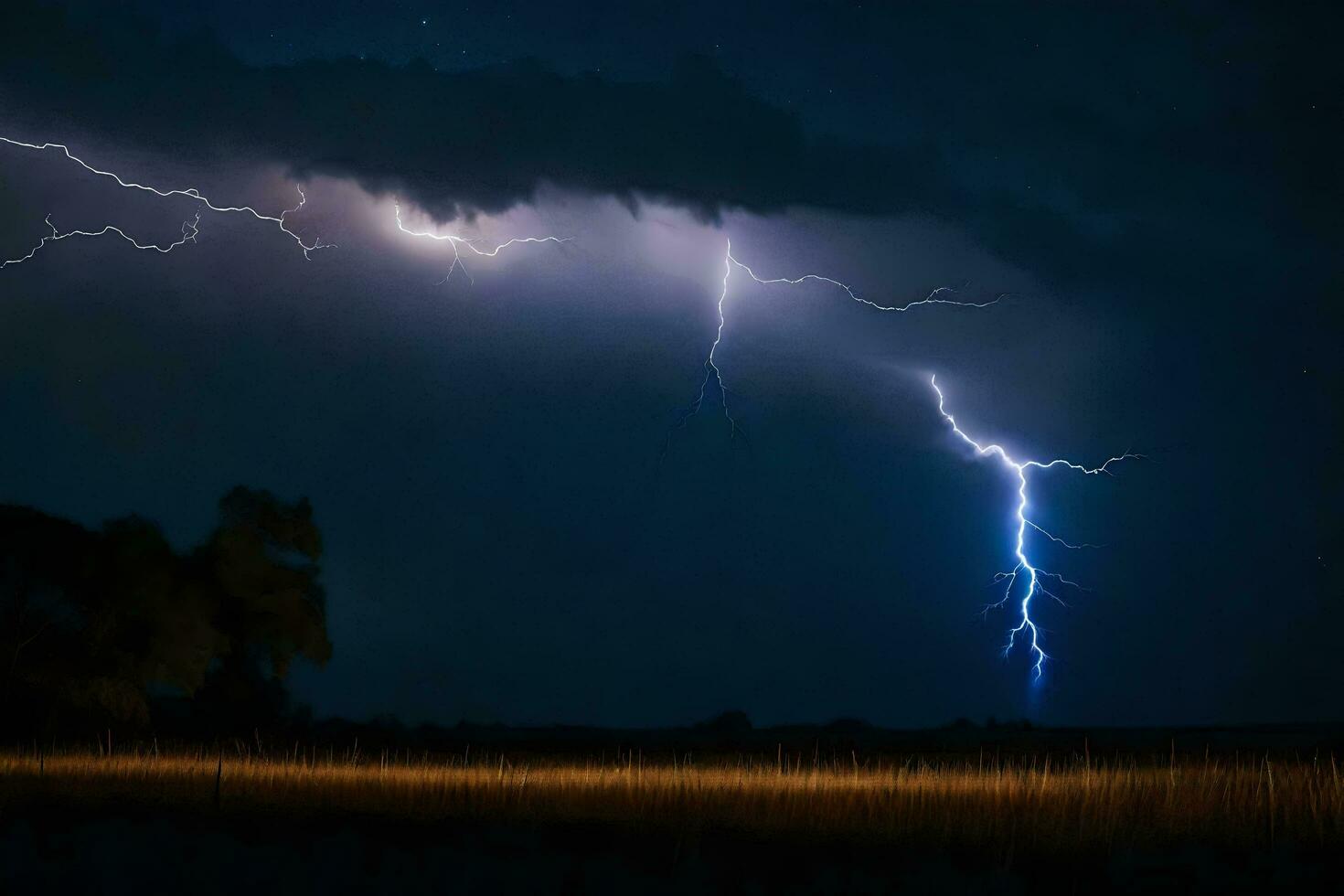 ai généré foudre grèves plus de une champ à nuit photo