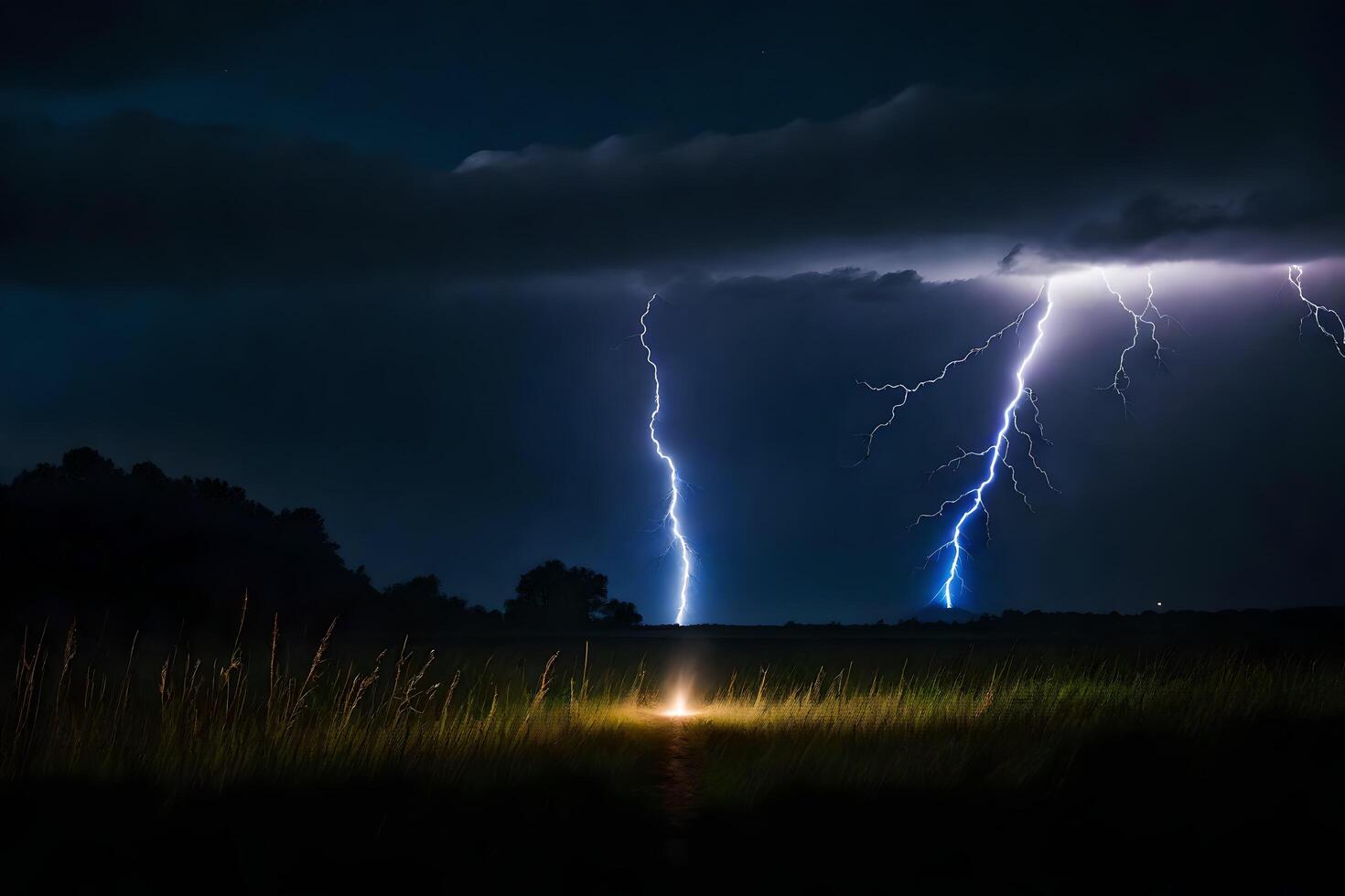 ai généré foudre grèves plus de une champ avec une lumière brillant dans le ciel photo