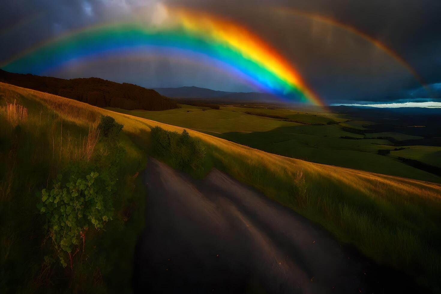 ai généré une arc en ciel est vu plus de une champ avec herbe et collines photo