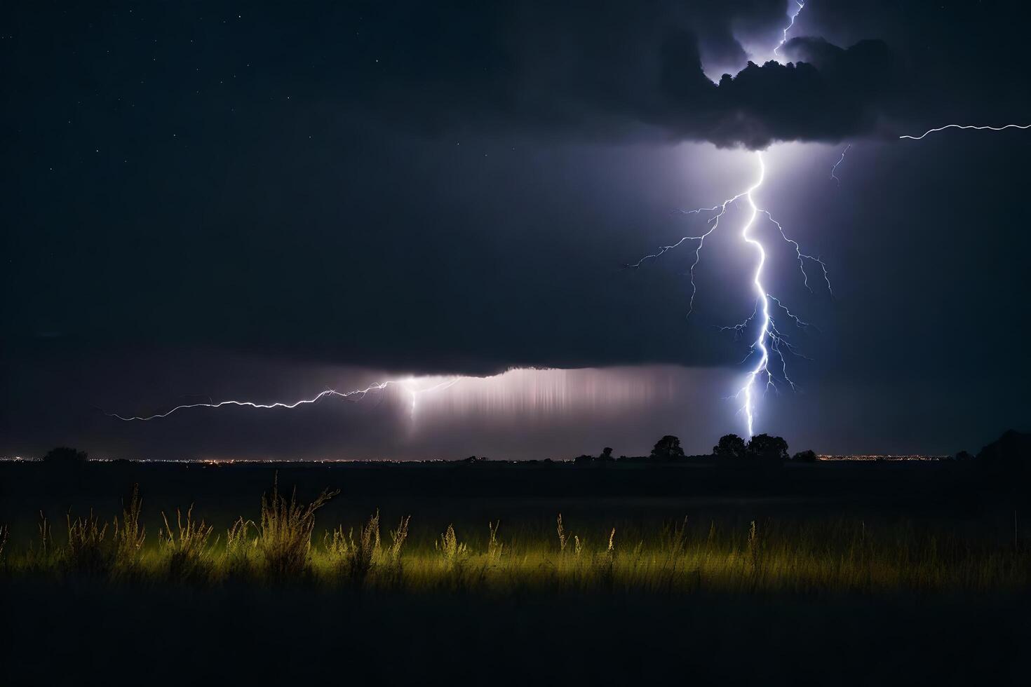 ai généré foudre grèves plus de une champ à nuit photo