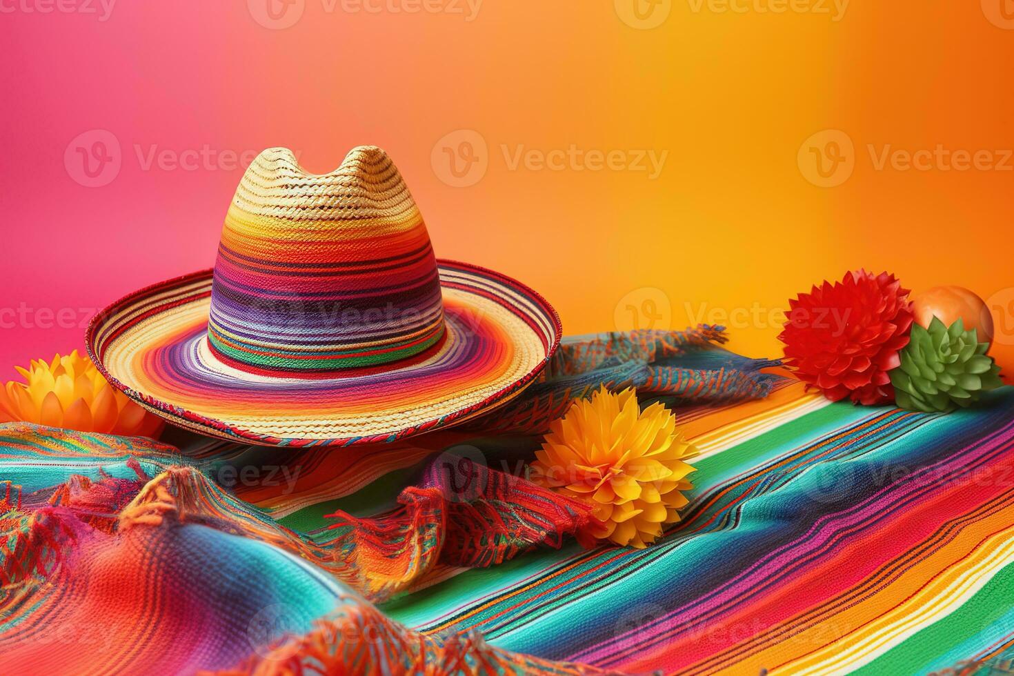 ai généré mexicain sombrero et coloré fleurs sur une coloré Contexte photo