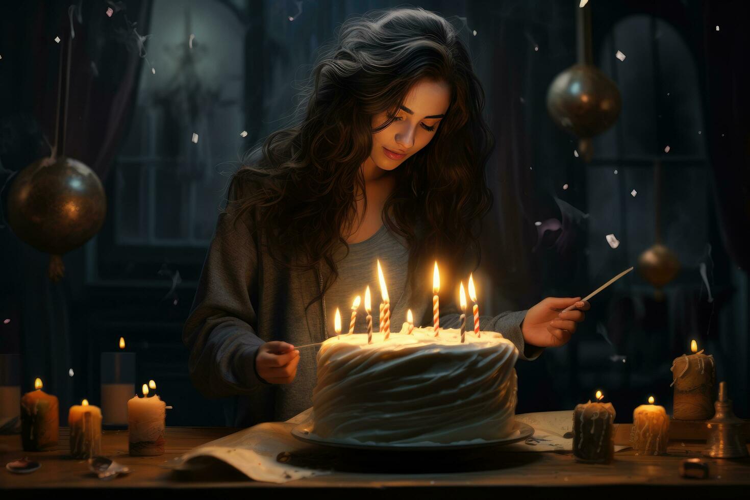 ai généré anniversaire gâteau avec bougies et lumières décoration sur flou arrière-plan, ai généré photo