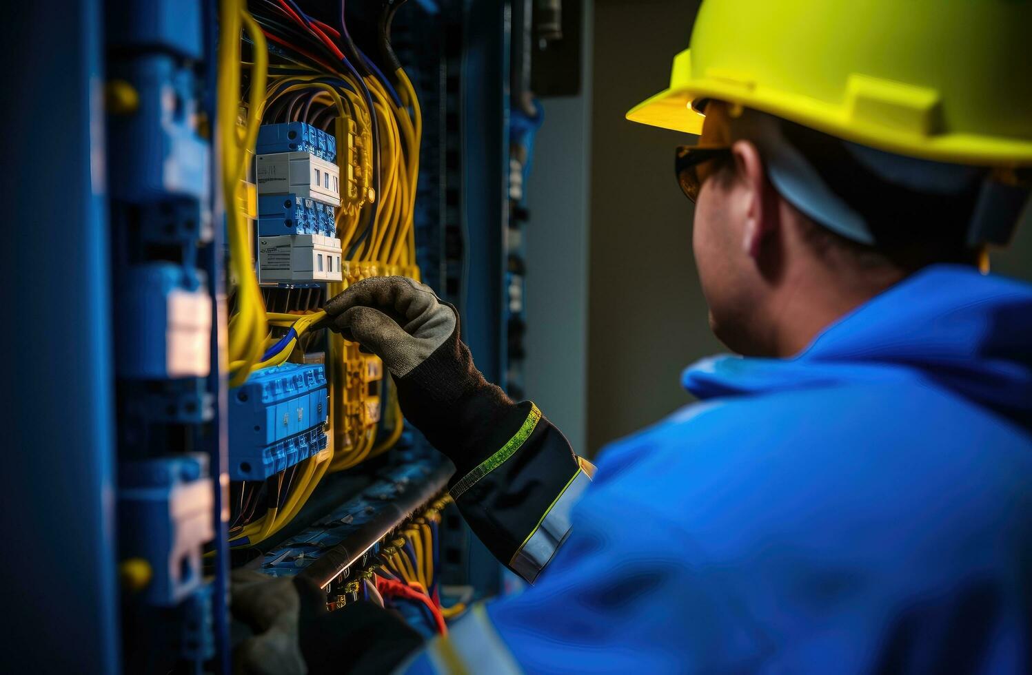 ai généré électrique ouvrier en portant commutateur panneau dans un électrique panneau photo