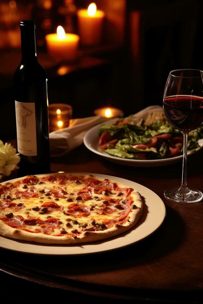 ai généré savoureux italien dîner scène avec pizza, Pâtes, et vin, en quittant pièce pour texte photo