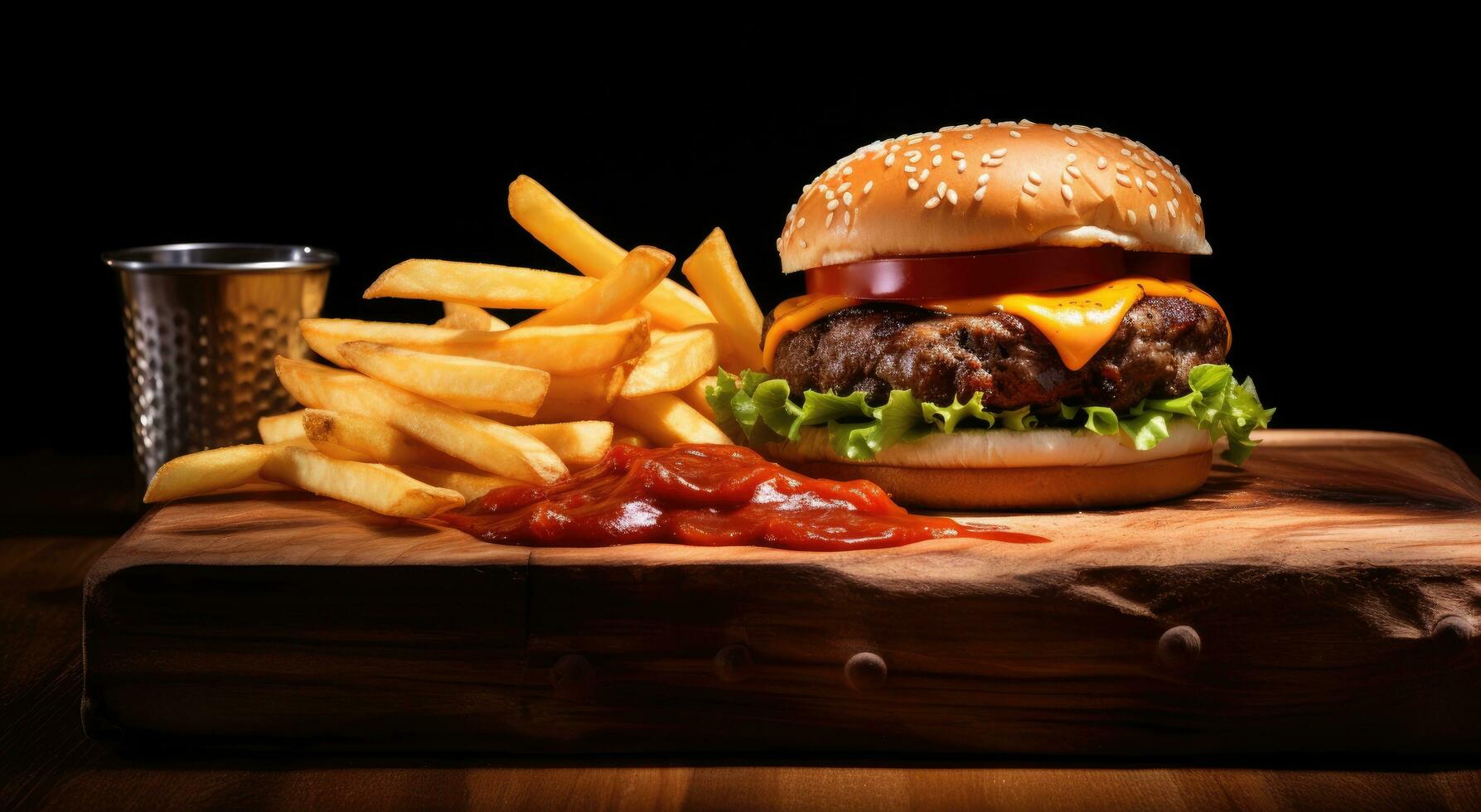 ai généré Burger et frites avec ketchup sur une en bois planche photo