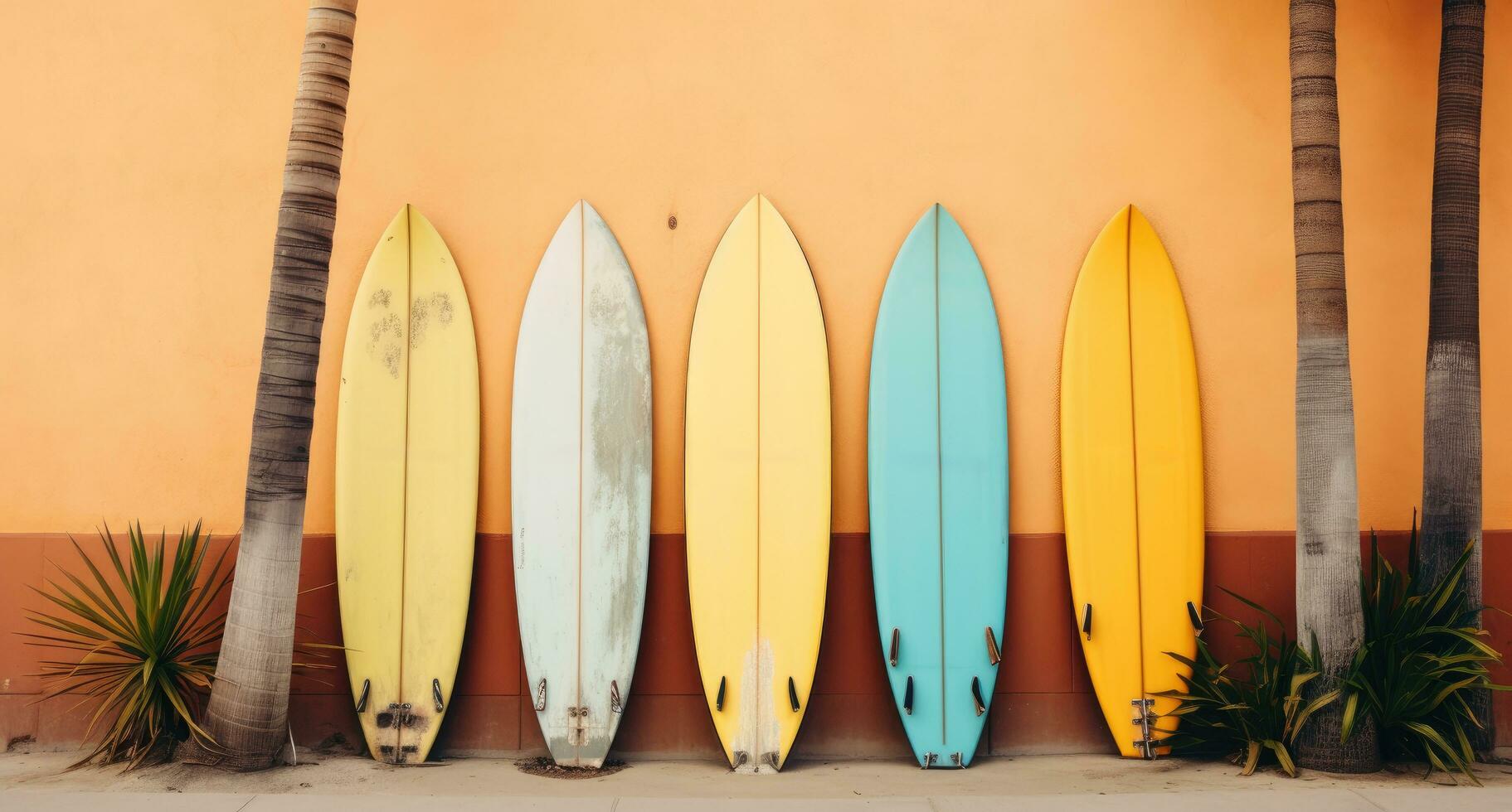 ai généré une coloré gang de le surf planches est penché contre une en bois porte photo