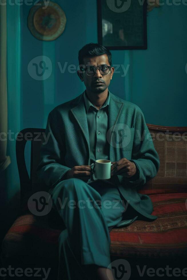 ai généré une homme dans une costume en portant une tasse de café photo