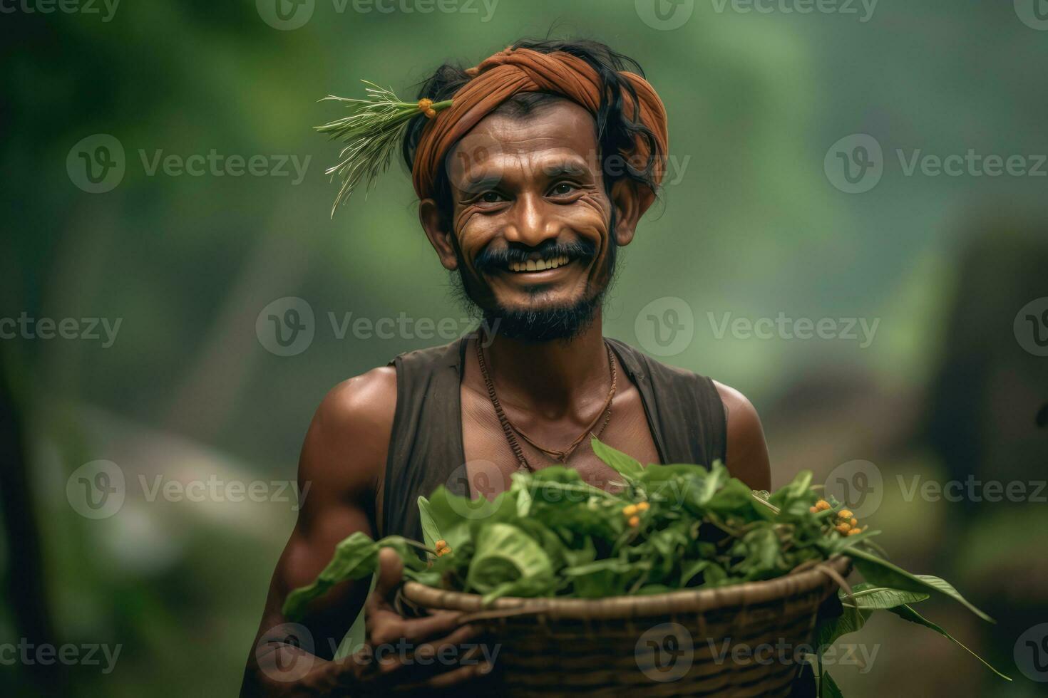 ai généré une souriant homme porter une panier de verdure photo