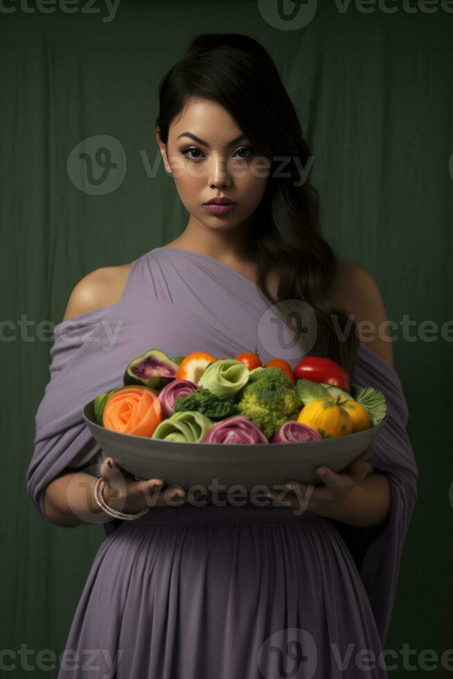 ai généré magnifique femme en portant une grand bol de assorti des fruits et des légumes photo