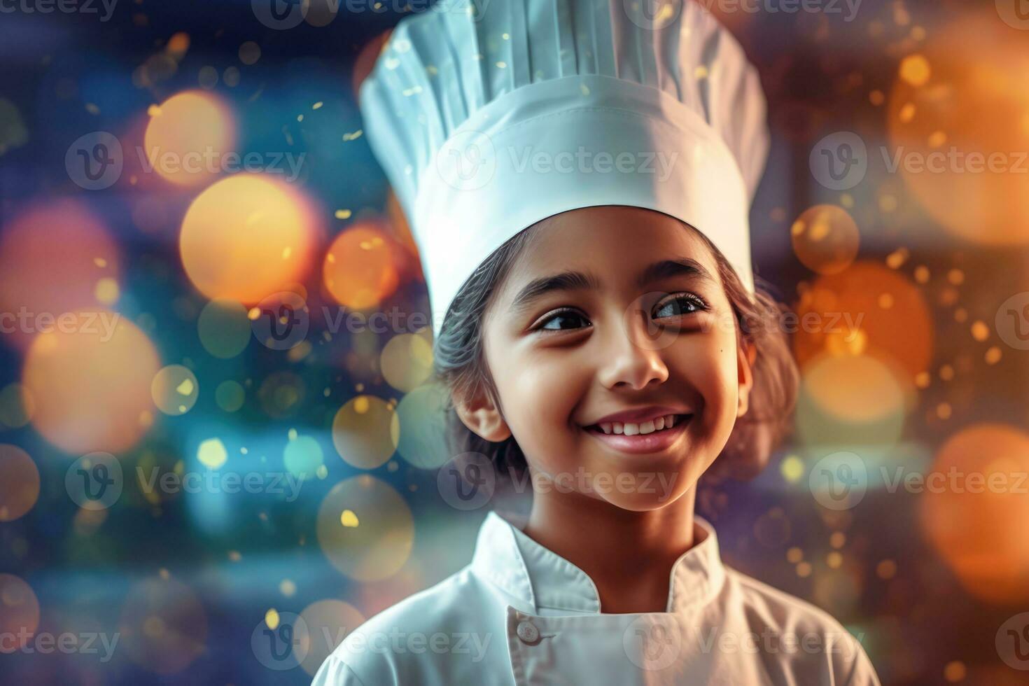 ai généré souriant peu chef dans une brillant cuisine photo