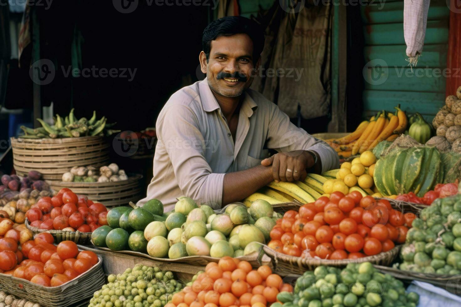 ai généré souriant Indien homme à une fruit et légume supporter photo