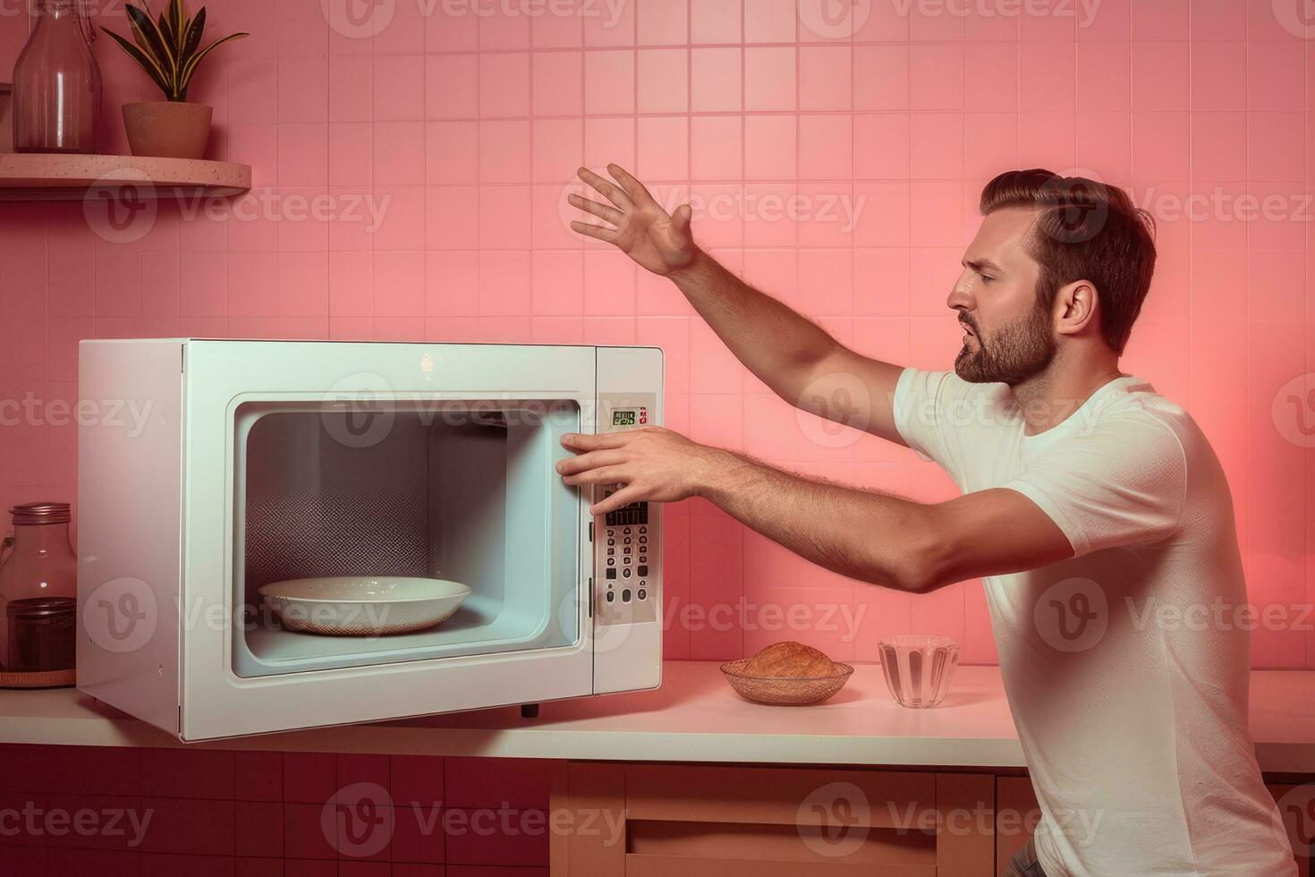 ai généré homme interagir avec four micro onde dans le cuisine photo