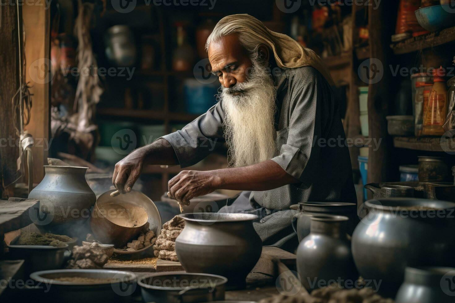 ai généré le furieux homme de le désert - un vieux avec une longue barbe fabrication des pots photo