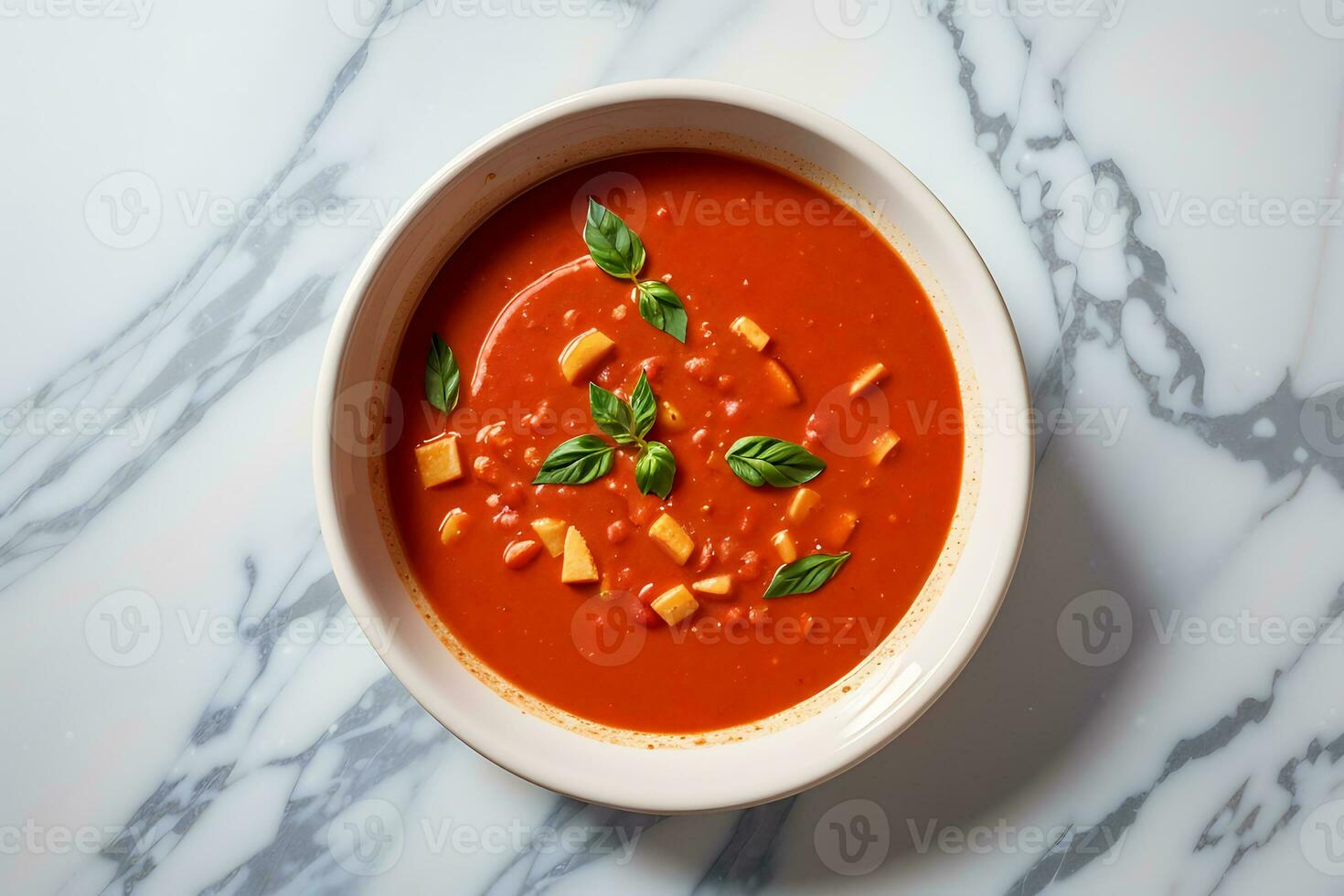 ai généré bol de chaud tomate soupe plus de marbre arrière-plan, Haut vue photo. italien cuisine photo