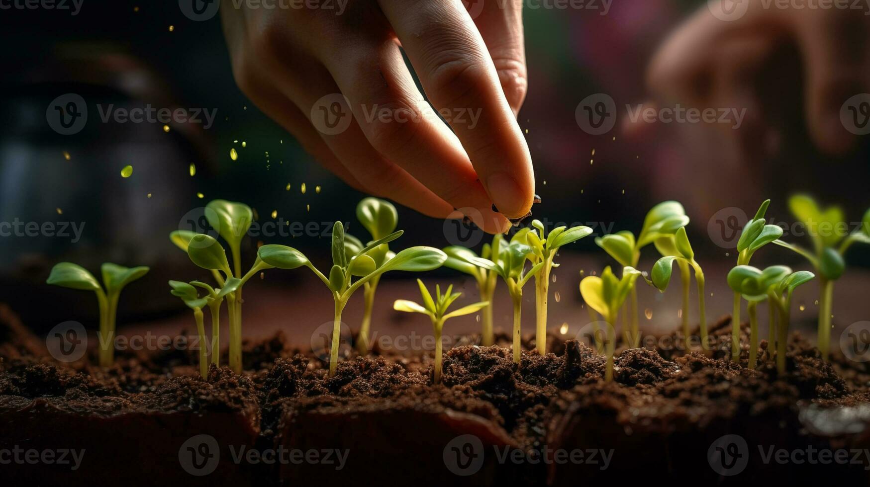 ai généré microgreen choux dans le sol. une main prend se soucier de les plantes. macro la photographie. jardinage bannière. horizontal format. studio lumière. ai généré photo