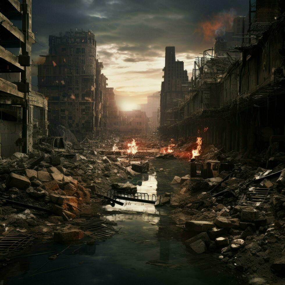 ai généré détruit ville après le guerre. spectaculaire scène de le furieux ville, bombardé en dehors et brûlant, Humain Souffrance pour guerre ai généré photo