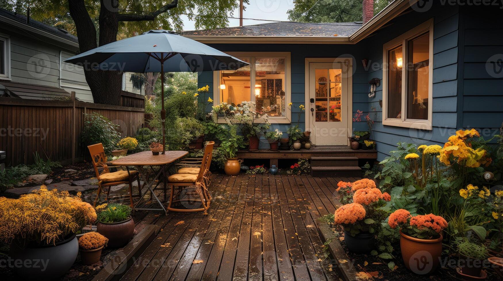 ai généré serein Publier pluie scène avec en bois patio, pluie embrassé, luxuriant flore, tranquille ambiance, embrassé par doux lumière dans une tendu jardin. arrière-cour Accueil une endroit à se détendre, rassembler, et s'asseoir. photo