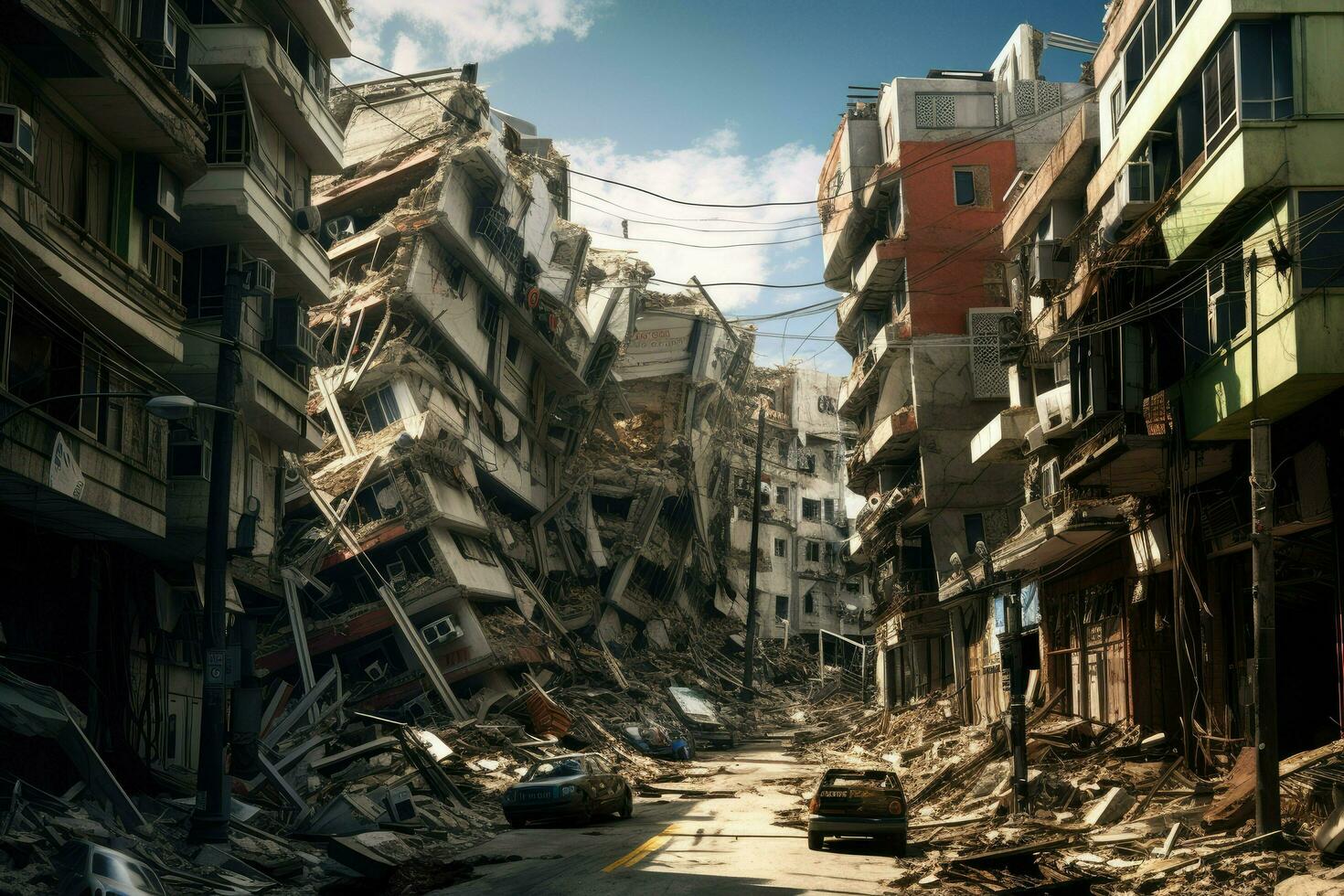 ai généré détruit ville après tremblement de terre. spectaculaire scène de le furieux ville et brûlant, Humain Souffrance pour tremblement de terre ai généré photo