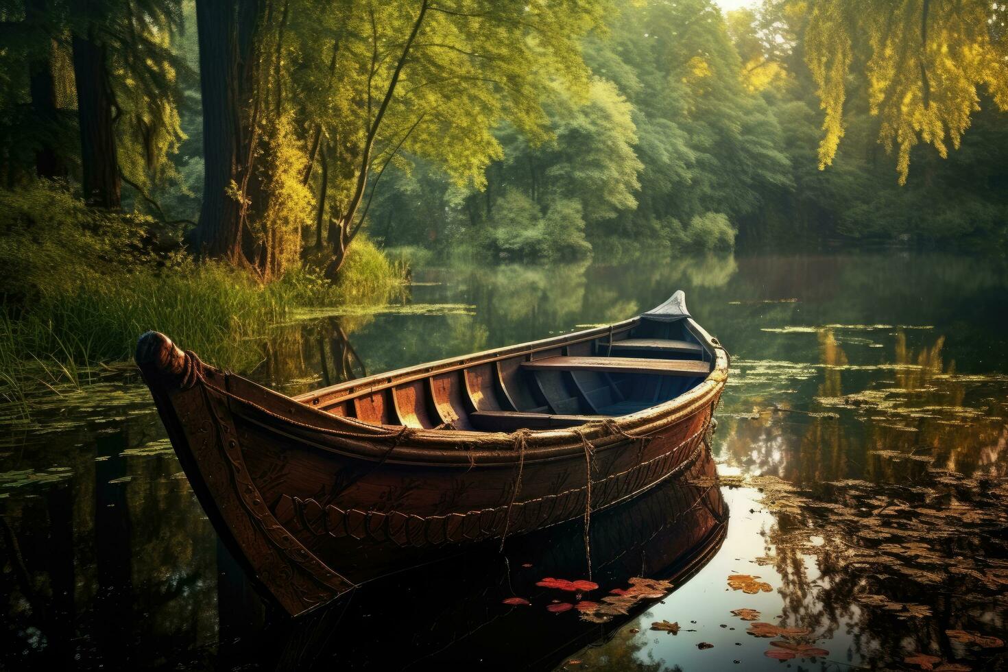 ai généré en bois bateau sur une tranquille Lac ,canoë sur le Lac dans le l'automne forêt. magnifique paysage ai généré photo