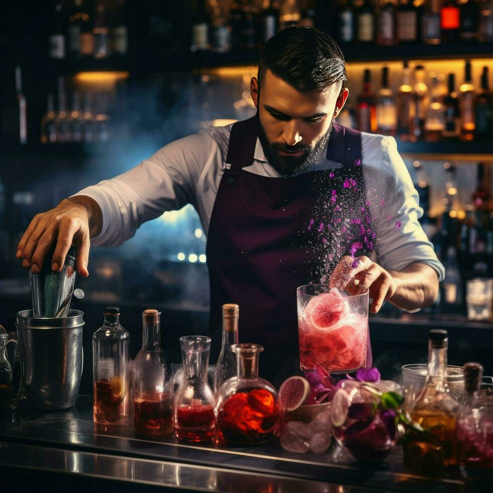 ai généré barman est fabrication une cocktail dans une boîte de nuit à le bar compteur , expert barman est fabrication des cocktails à le bar ai généré photo