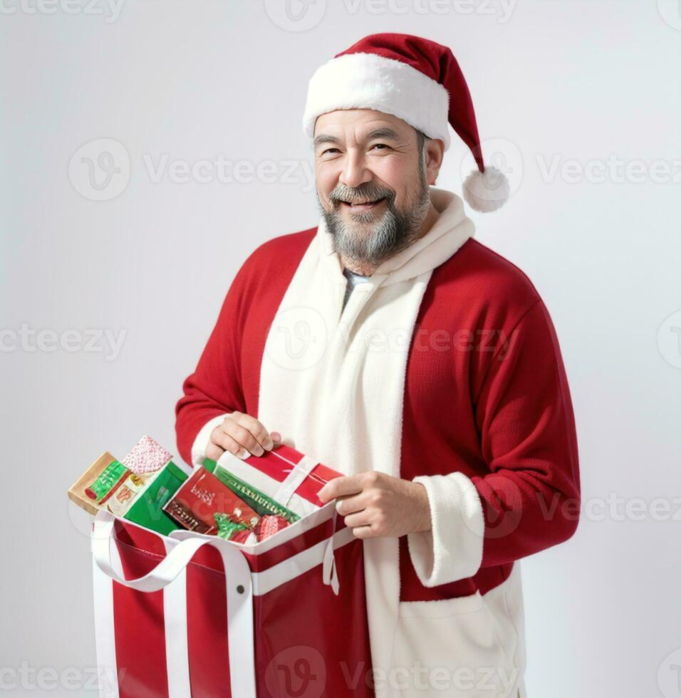 ai généré une homme Père Noël claus en portant une cadeau sac sur blanc Contexte ai généré photo