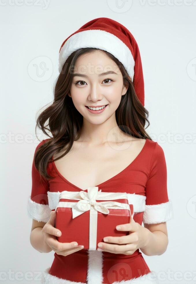 ai généré Père Noël femmes mignonne fille en portant une cadeau sur une blanc Contexte ai généré photo