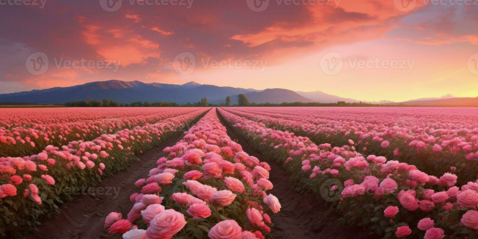 ai généré Rose champ dans le lever du soleil Matin avec magnifique ciel photo