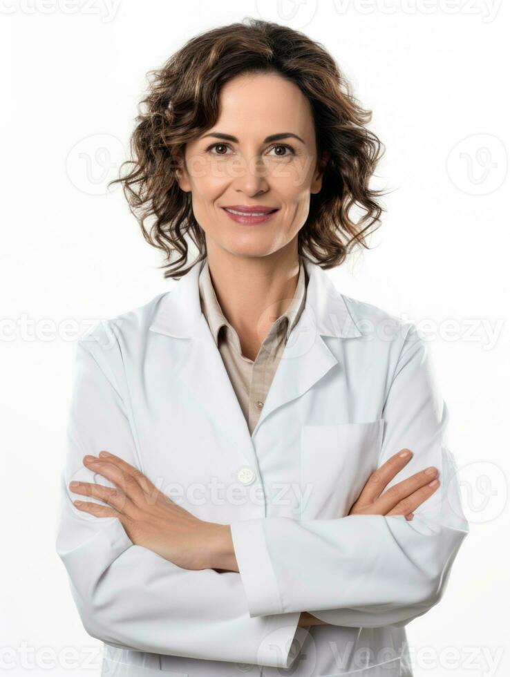 ai généré professionnel pharmacien dans blanc Contexte photo