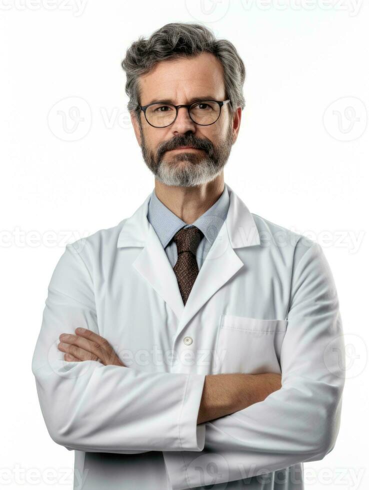 ai généré professionnel pharmacien dans blanc Contexte photo