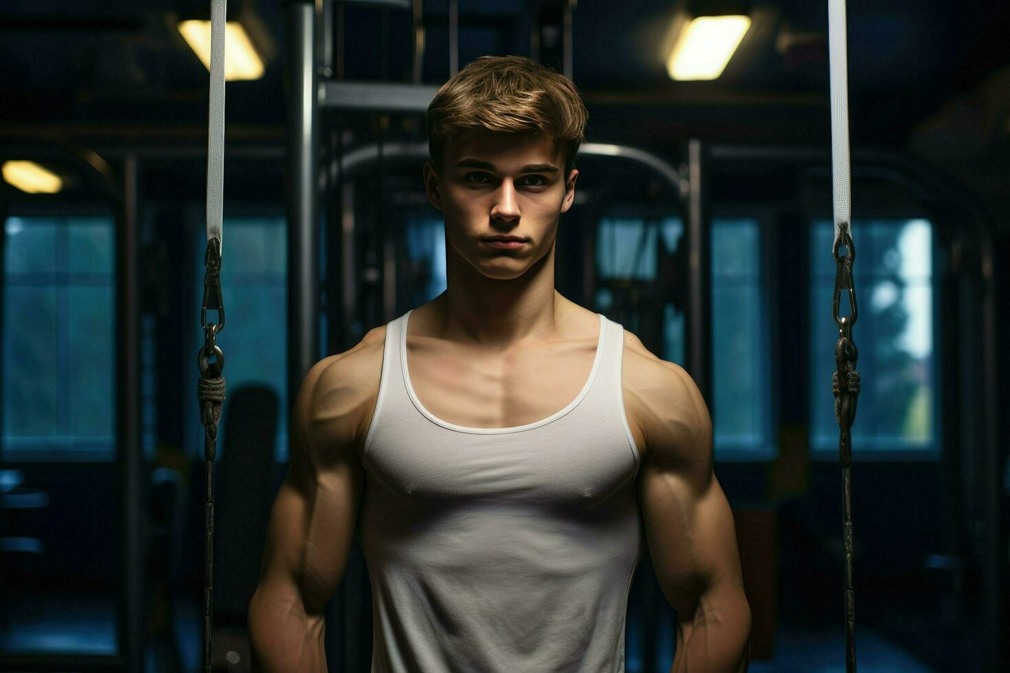 ai généré Jeune bodybuilder homme à salle de sport, Jeune Masculin bodybuilder montrant le sien corps et posant et Faire des sports des exercices dans le Gym ai généré photo