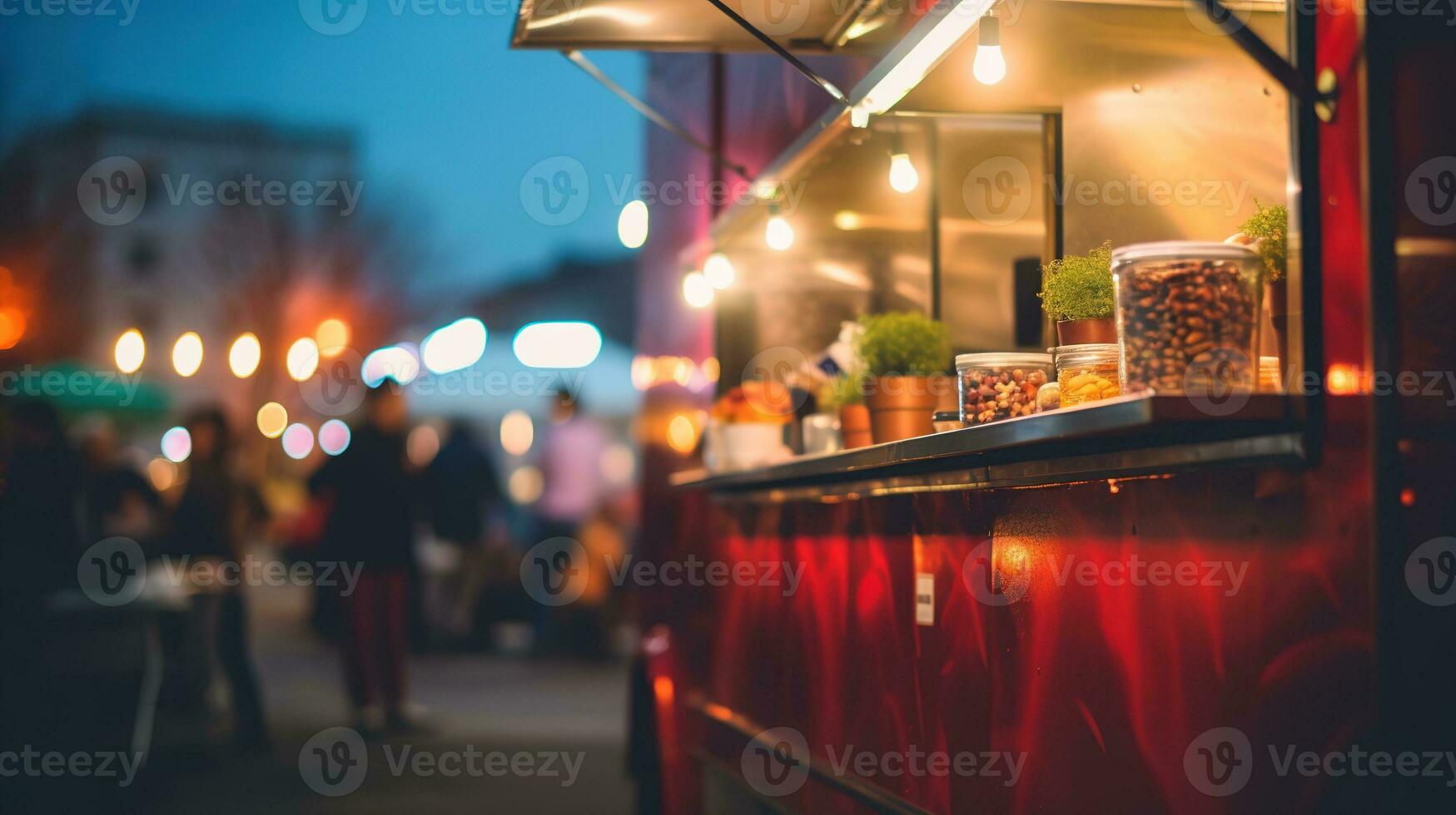 ai généré génératif ai, nourriture un camion rue festival, flou lumières arrière-plan, atmosphérique bokeh, en sourdine couleurs photo