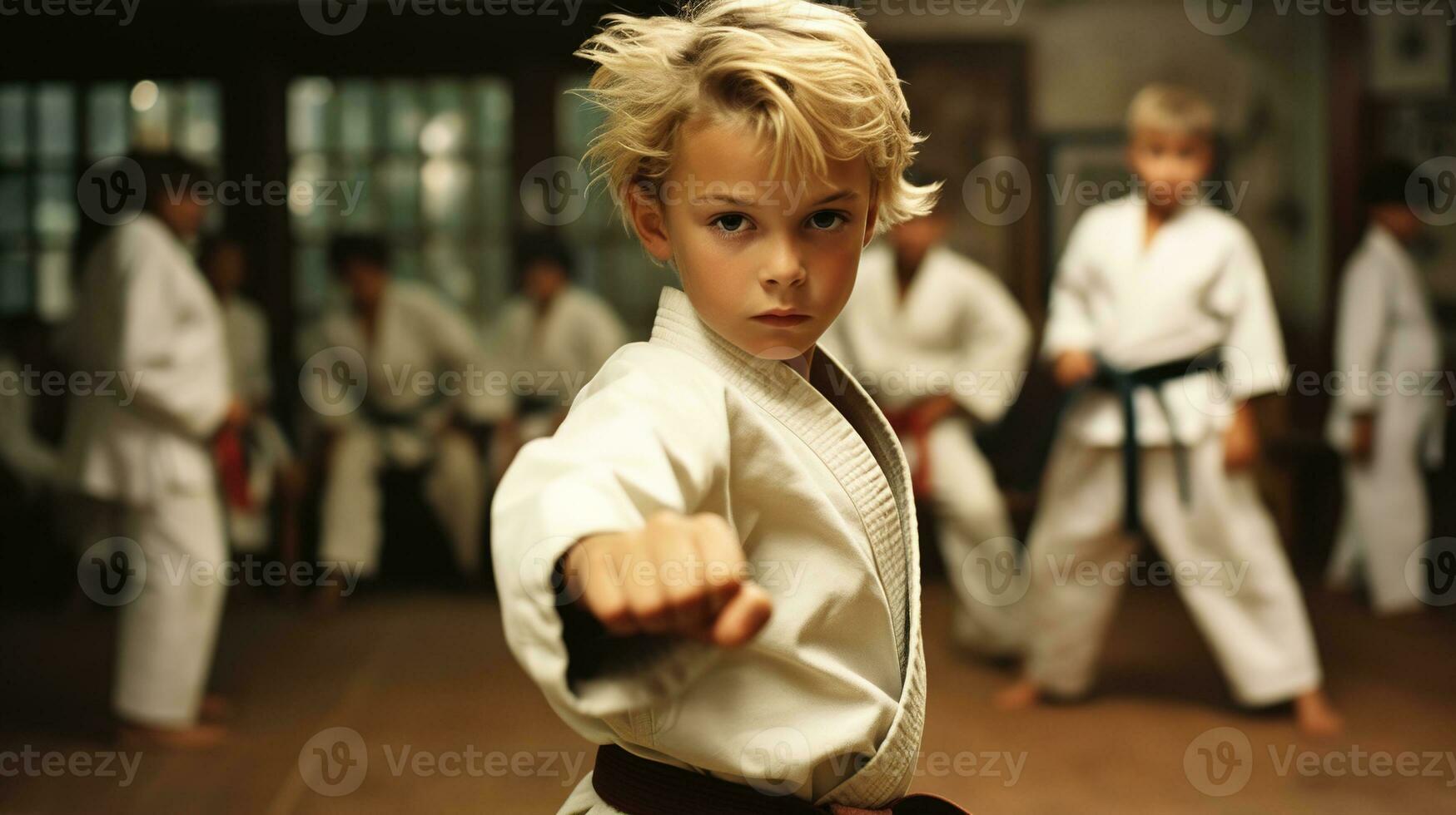 ai généré génératif ai, enfant habillé dans une blanc karaté kimono, entraine toi taekwondo, karaté, judo photo