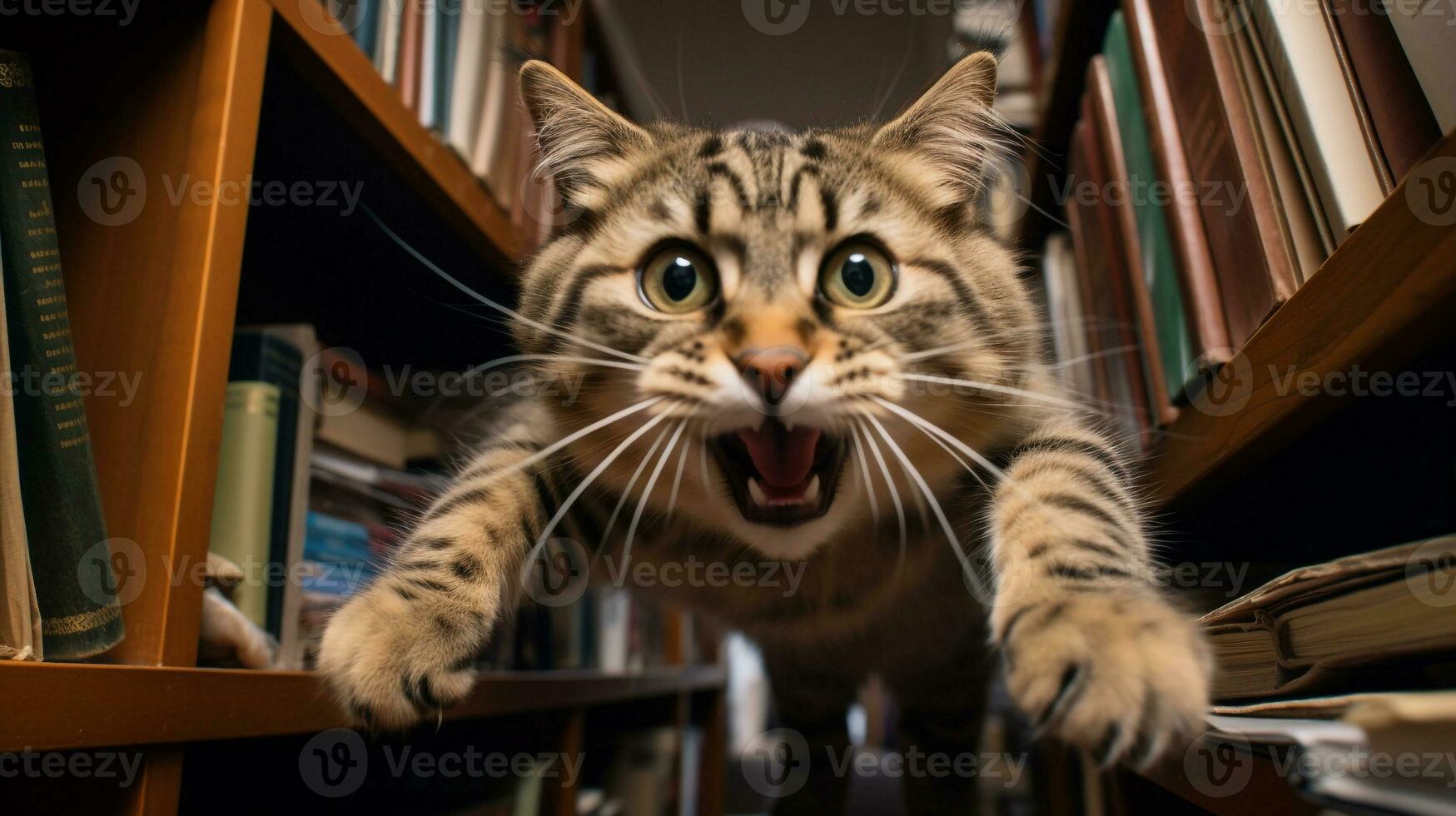 ai généré photo de une malicieux chat explorant une étagère à livres. génératif ai