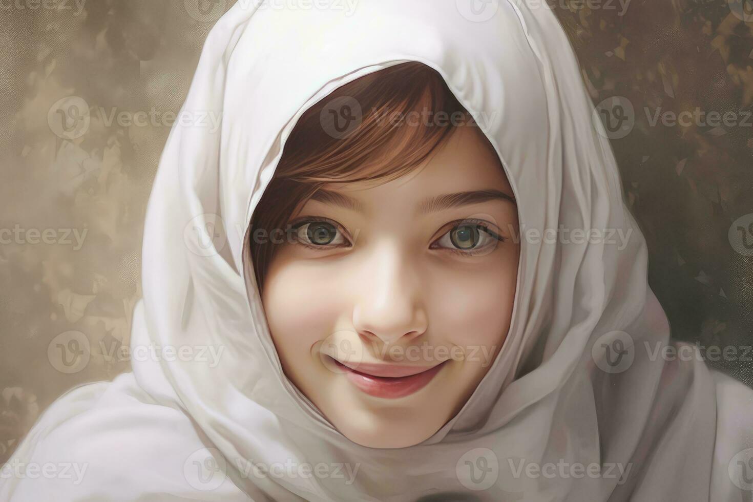 ai généré arabe fille avec gros magnifique yeux portant une blanc foulard photo