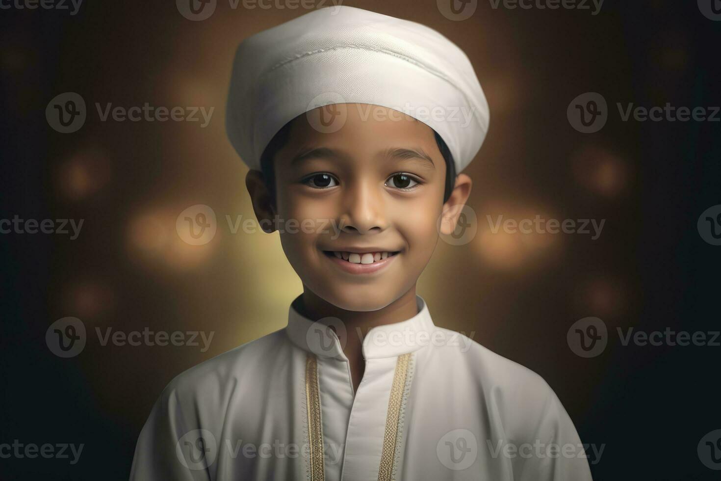 ai généré une souriant Jeune musulman garçon portant traditionnel Vêtements - une portrait photo