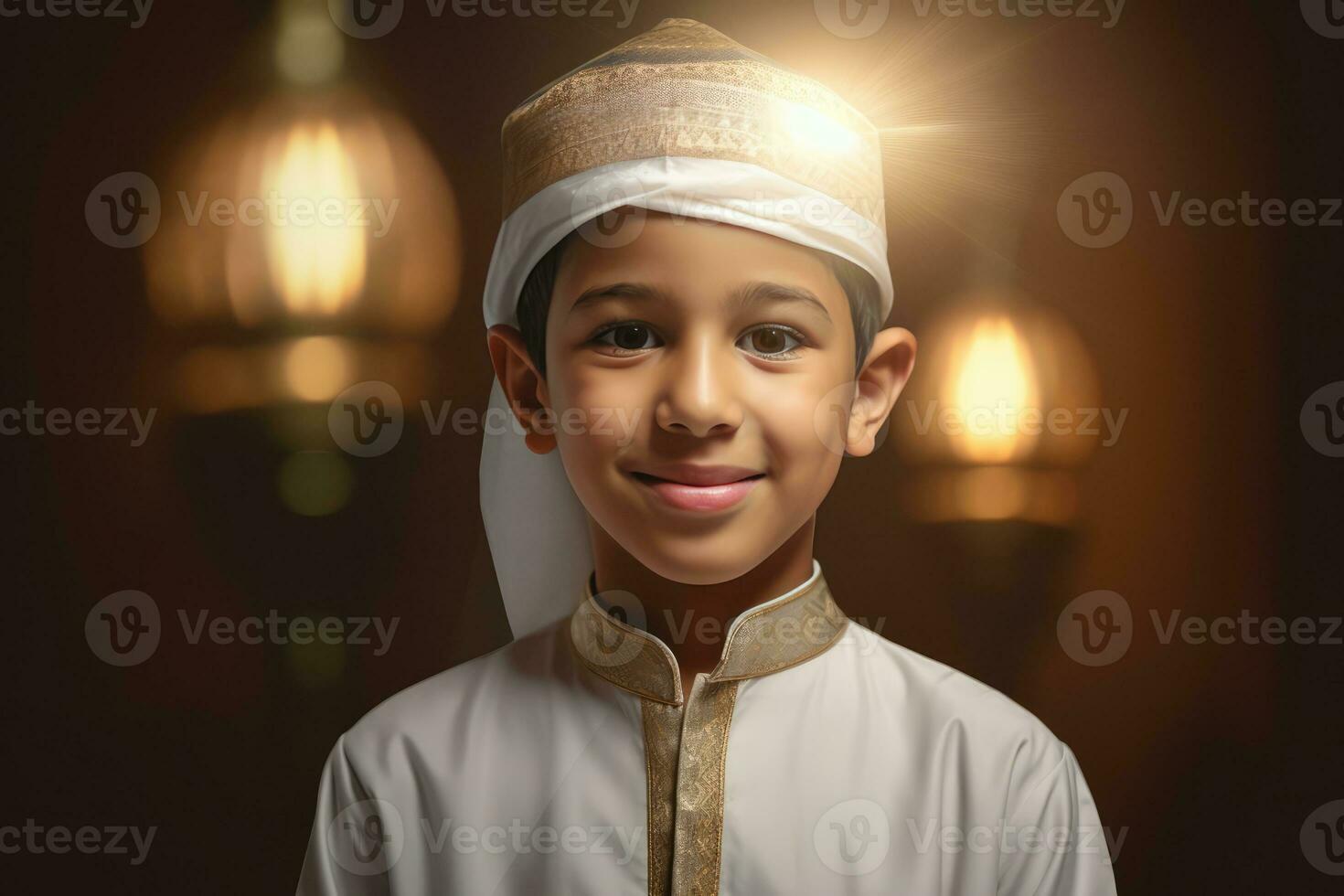 ai généré Jeune arabe garçon portant traditionnel Vêtements et une turban photo