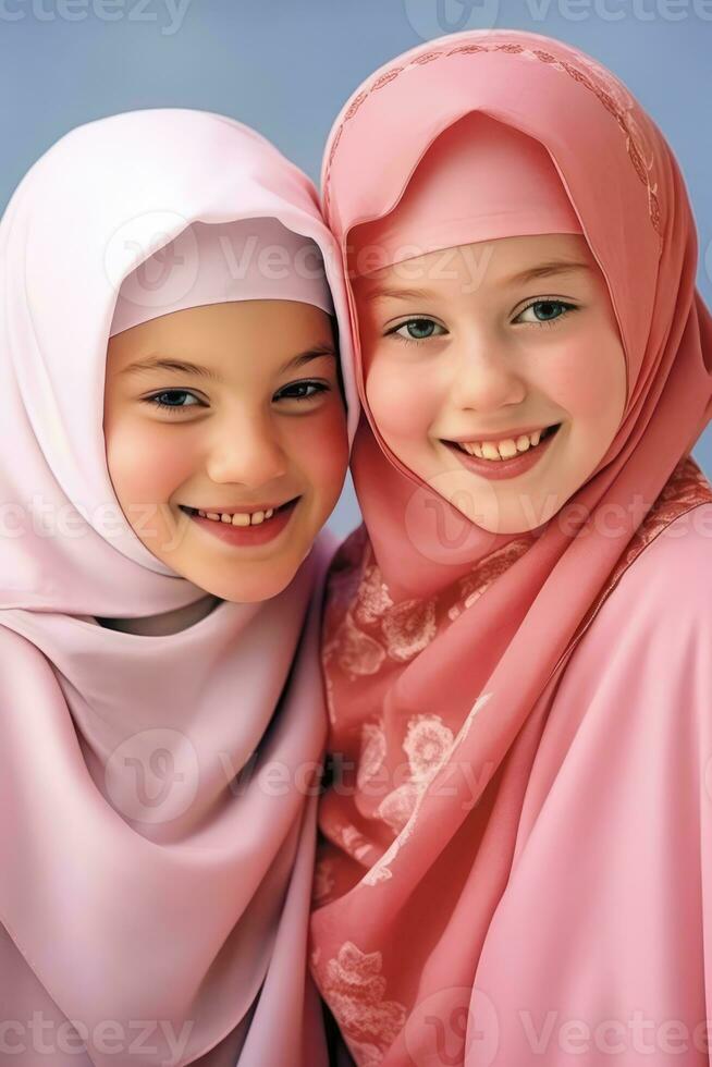 ai généré deux Jeune les filles portant rose musulman costume, connu comme les burqas, et souriant vivement photo