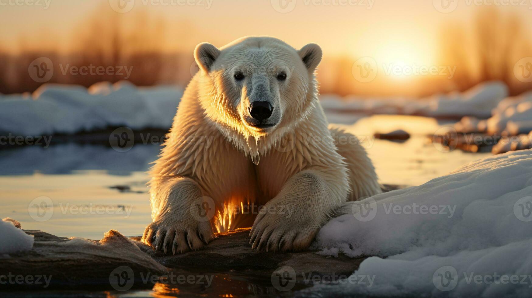 ai généré une photo de une polaire ours échoué sur une rapidement fusion la glace banquise dans le Arctique océan à lever du soleil. génératif ai