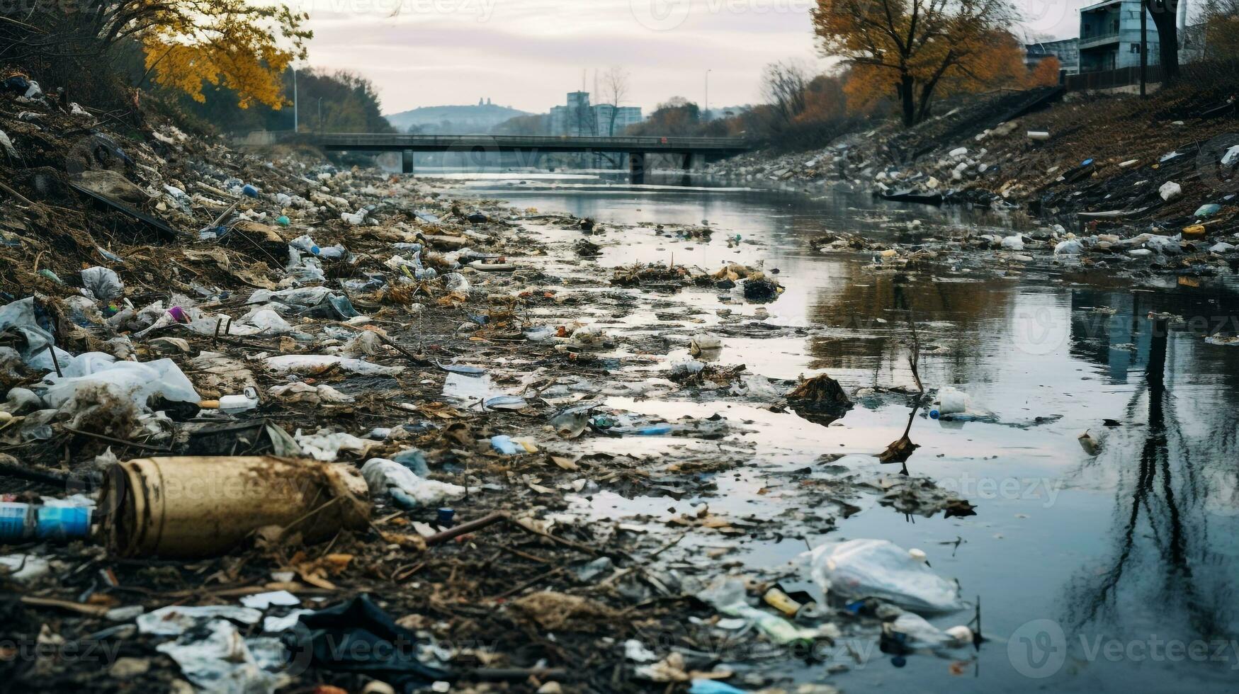 ai généré une photo de une pollué berge de rivière avec mis au rebut déchets et contaminé l'eau. génératif ai